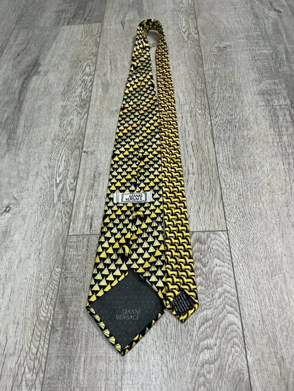 Gianni Versace Silk Tie Black Yellow Geometric Pattern - Flawed